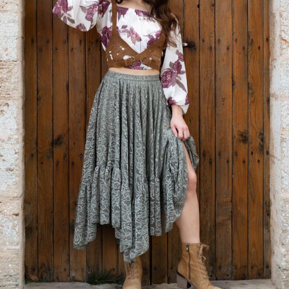 Poesy Skirt in Sage Agave Joyfolie Lace Boho Asymmetrical Irregular Hem Hanky